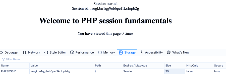 Welcome to PHP session fundamentals: session id and session cookies stored in a browser window.